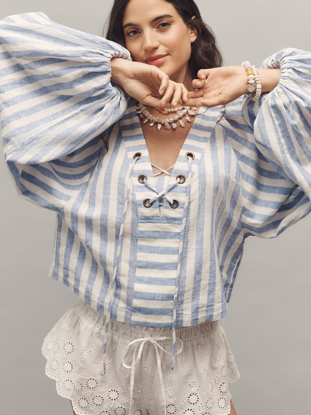 NEW!!! Anthropologie Linen Dolman Sleeve Lace-Up Peasant Top, Sz XL,NWT